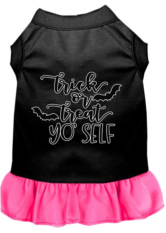 Trick or Treat Yo' Self Screen Print Dog Dress Black with Bright Pink XS